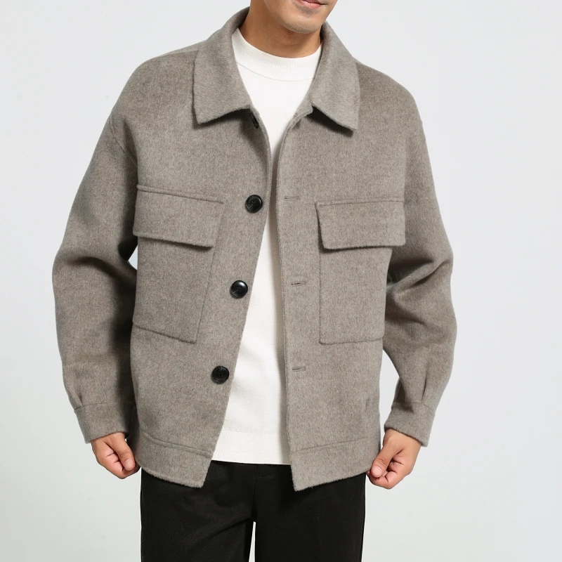 New Autumn/Winter 100% Pure Wool High-Count Double-Sided Cashmere Coat Men'S Short Jacket With Turn-Down Collar Casual Outerwear