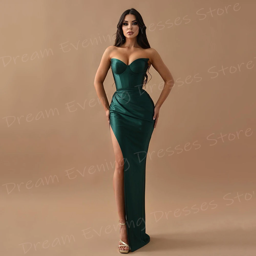 Vestidos de noite simples para mulheres, vestidos de baile sem alças, plissados, verde escuro modesto, charmosos vestidos sereia