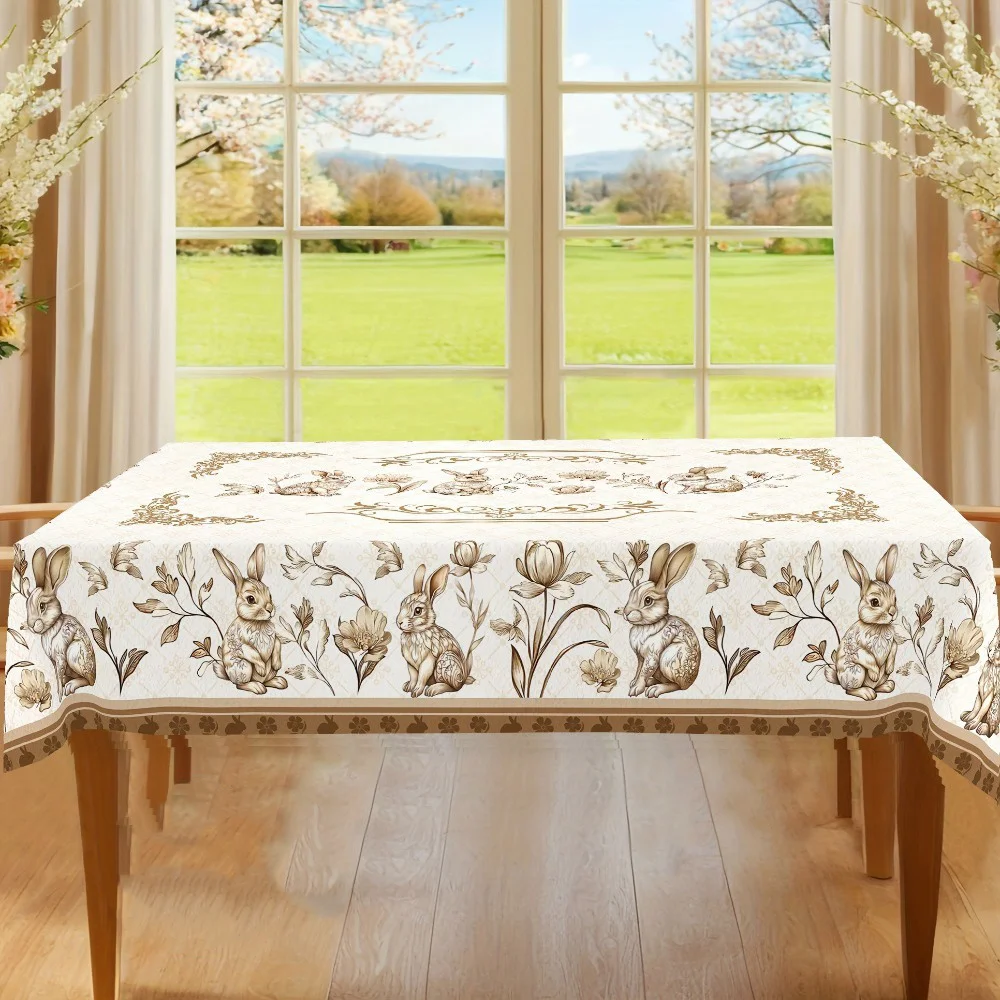 Retro rabbit and flower pattern tablecloth - Elegant brown and pastel color tones, rectangular tablecloth
