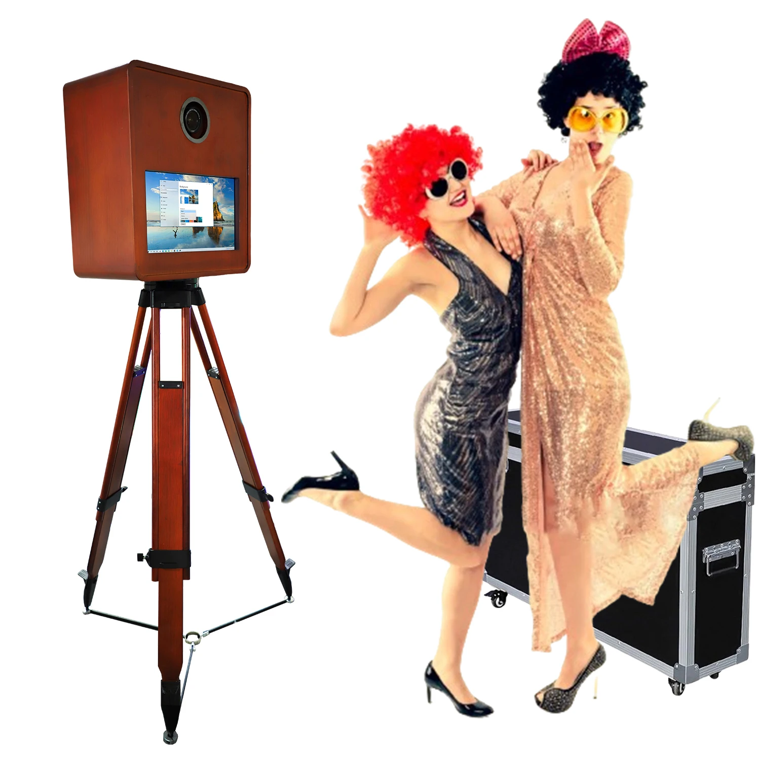 Portable Retro Wooden Photo Booth with 15.6 Touch Screen DSLR Photo Booth Machine for Weddings Parties Events