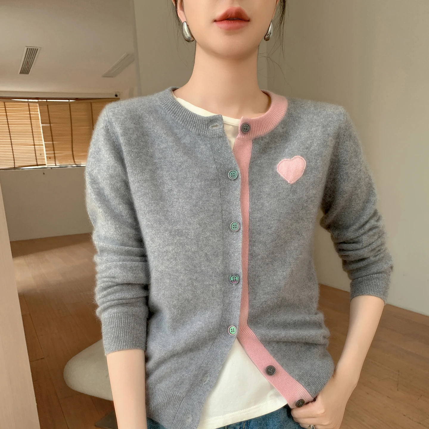 

Women's 100% Pure Cashmere Cardigan Casual Color Block Knit Sweater round Neck Jacket Perfect Fit Top Japanese/Korean Blouse