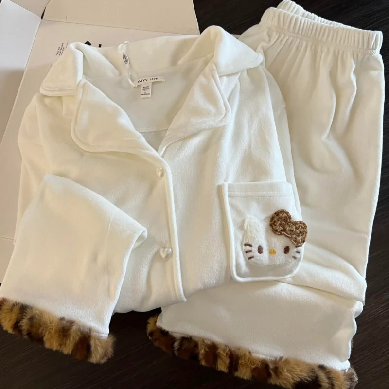 أطقم بيجامات نوم نسائية من سانريو هالو كيتي سراويل شتوية بأكمام طويلة كارتونية كاواي ملابس نوم دافئة ملابس منزلية