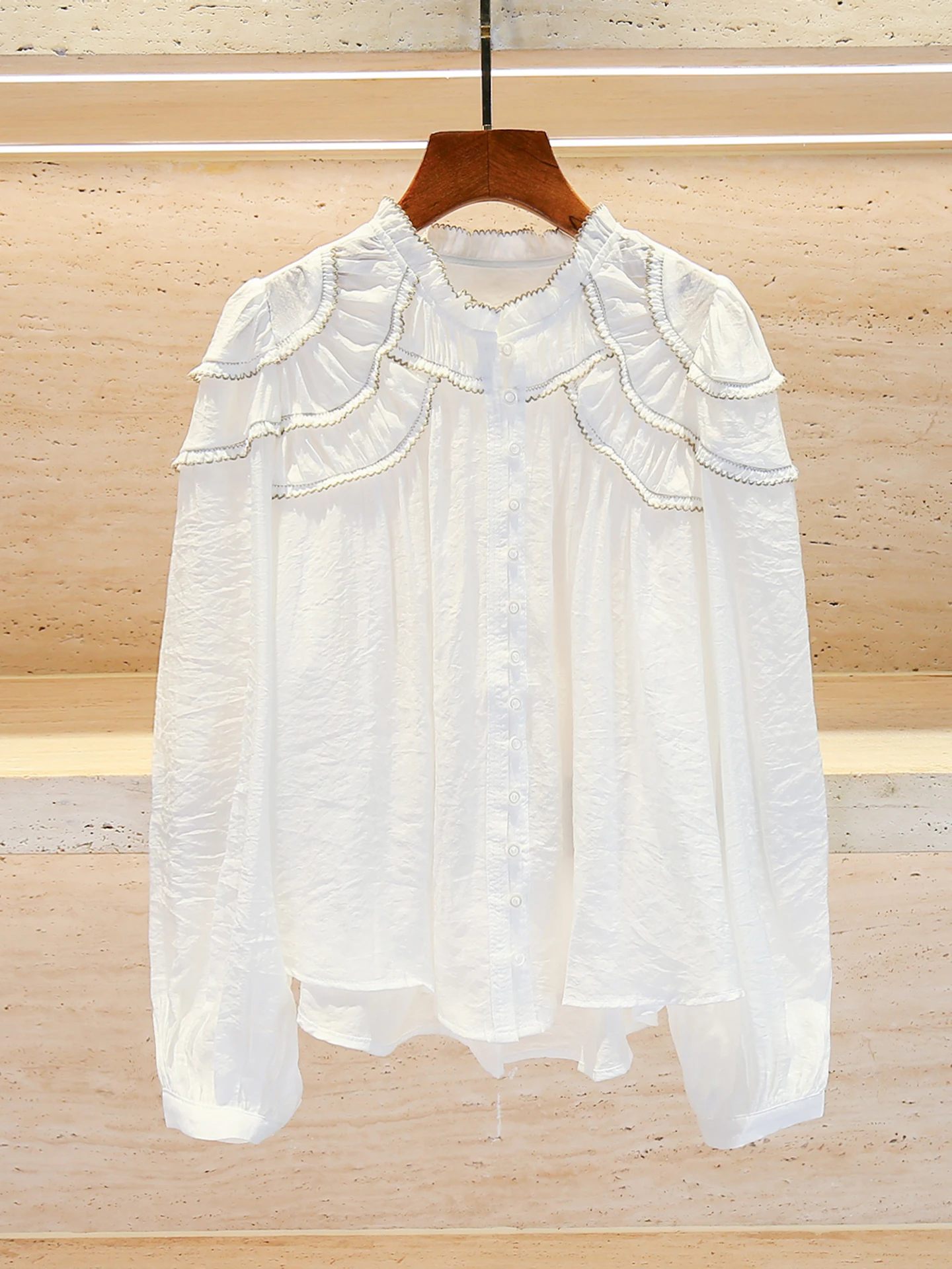 

Ele White Embroidered Heavy Work irt Collar Top for Women Gentle Summer Sle Polyester Fiber Long Sve round Ne