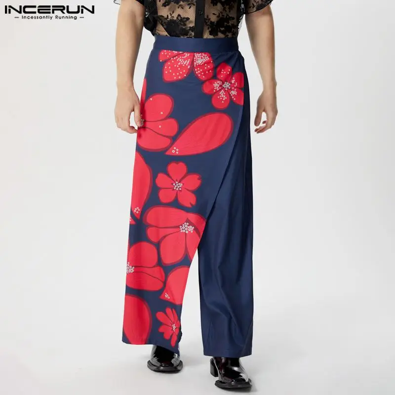 INCERUN 2024 Sexy Trousers Fashionable Men's Fake Two-piece Spliced Floral Print Pants Leisure Clubwear Wide Leg Pantalons S-5XL