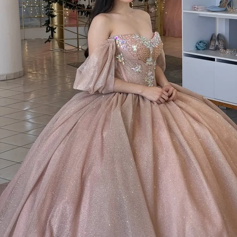 

Shiny Champagne Quinceanera Dresses Off the Shoulder Sequin Crystal Decal ruffles Long tail Vestido De 15 Quinceanera Customize