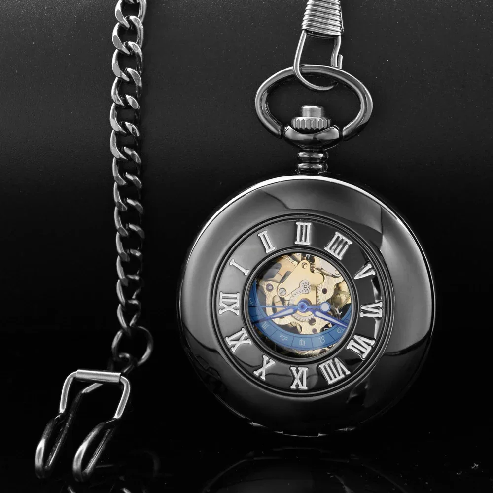 Hollow Luxury Black Classical Hand Wind Mechanical Pocket Watch Men Steampunk Vintage Dress Fob Watches Pendant with Chain