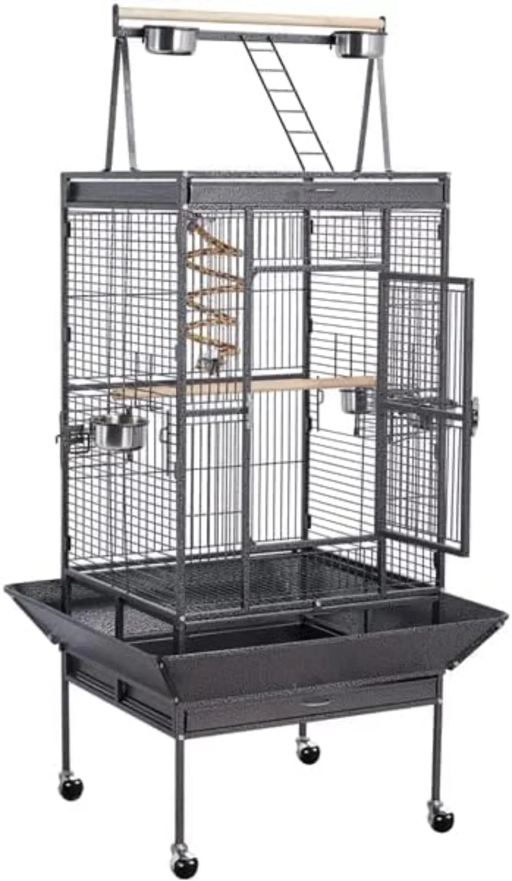 69-inch Wrought Iron Rolling Large Parrot Bird Cage for African Grey Small Quaker Amazon Cockatiel Sun Parakeet Green Cheek