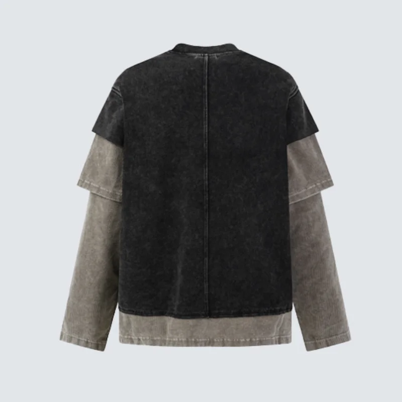 MWJLPWQ Washed Distressed Faux Three-piece T-shirt Male Contrasting Colors Layered Long-sleeve Street Loose Round-neck Top 20415