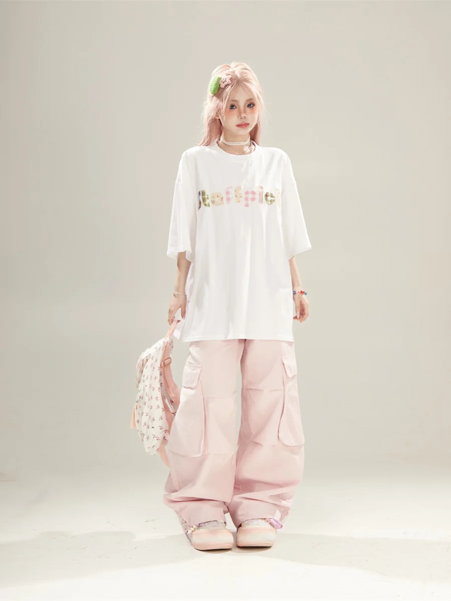 Slimming Effect White Letter Embroidery Short Sleeve round Neck T-Shirt Women's Loose Fit Summer Trendy Top Creative Pattern