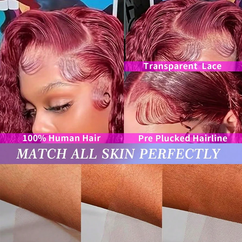 99J Red Deep Wave Burgundy Curly 13x6 hd Transparent Lace Frontal Human Hair Wig 200 Density Water Wave Brazilian Human Hair