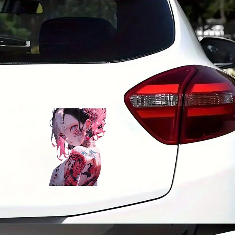 Adesivo de Vinil Estilo Japonês de Tatuagem de Menina Anime, Decalque Impermeável e Anti-Risco para Carro, Moto, Capacete e Decoração de Laptop