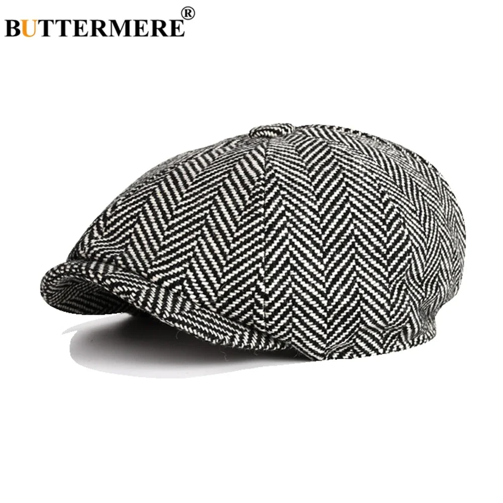 

BUTTERMERE Black White Striped Newsboy Cap Man Herringbone Men Flat Caps Autumn Winter Retro Hat Driver Cap Plus Size XL Big