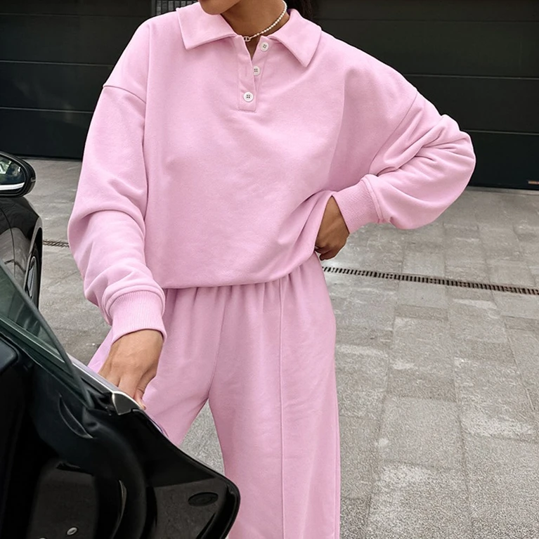 Conjunto de sudadera polo rosa, pantalones de pierna ancha, traje de dos piezas, estilo callejero de ocio atlético
