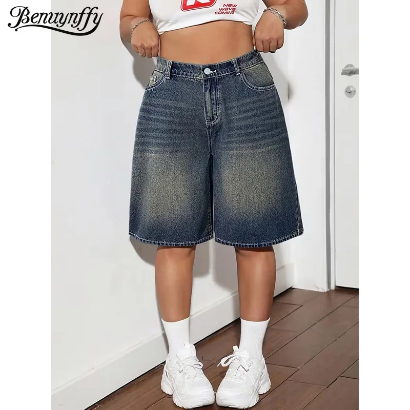 

Benuynffy Plus Size Streetwear Mid Waisted Loose Knee Length Denim Shorts Women Summer Y2k Retro Casual Wide Leg Half Pants