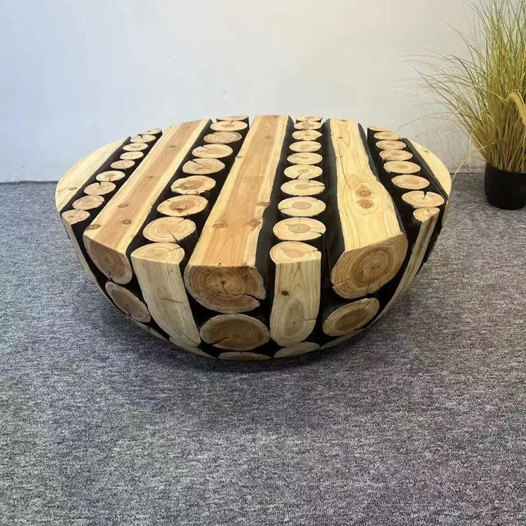 Solid wood splicing table, homestay tea art table, coffee table decoration, round coffee table furniture ornament