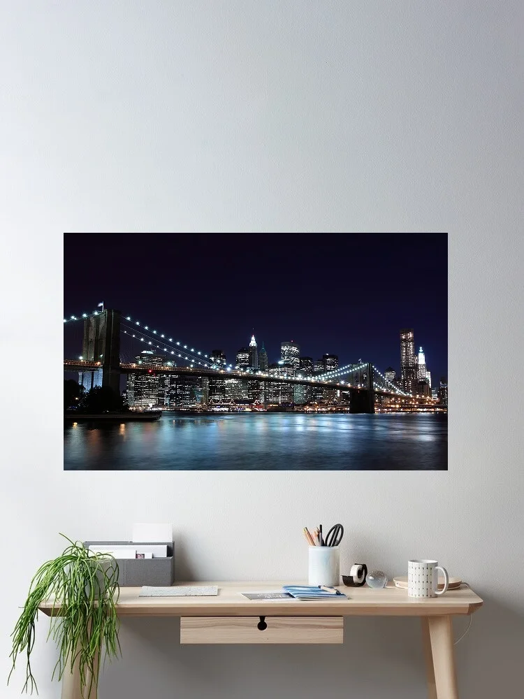 Lighted Bridge Over Water During Night Time New York City Photo, Art Print Canvas Poster, Living Room Decor, Home Wall Picture