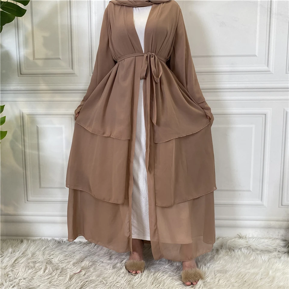 Chiffon Open Abaya Layered Women Kaftan Dubai Luxury Turkey Muslim Dress Islam Robe African Kimono Femme Clothing Caftan Fashion