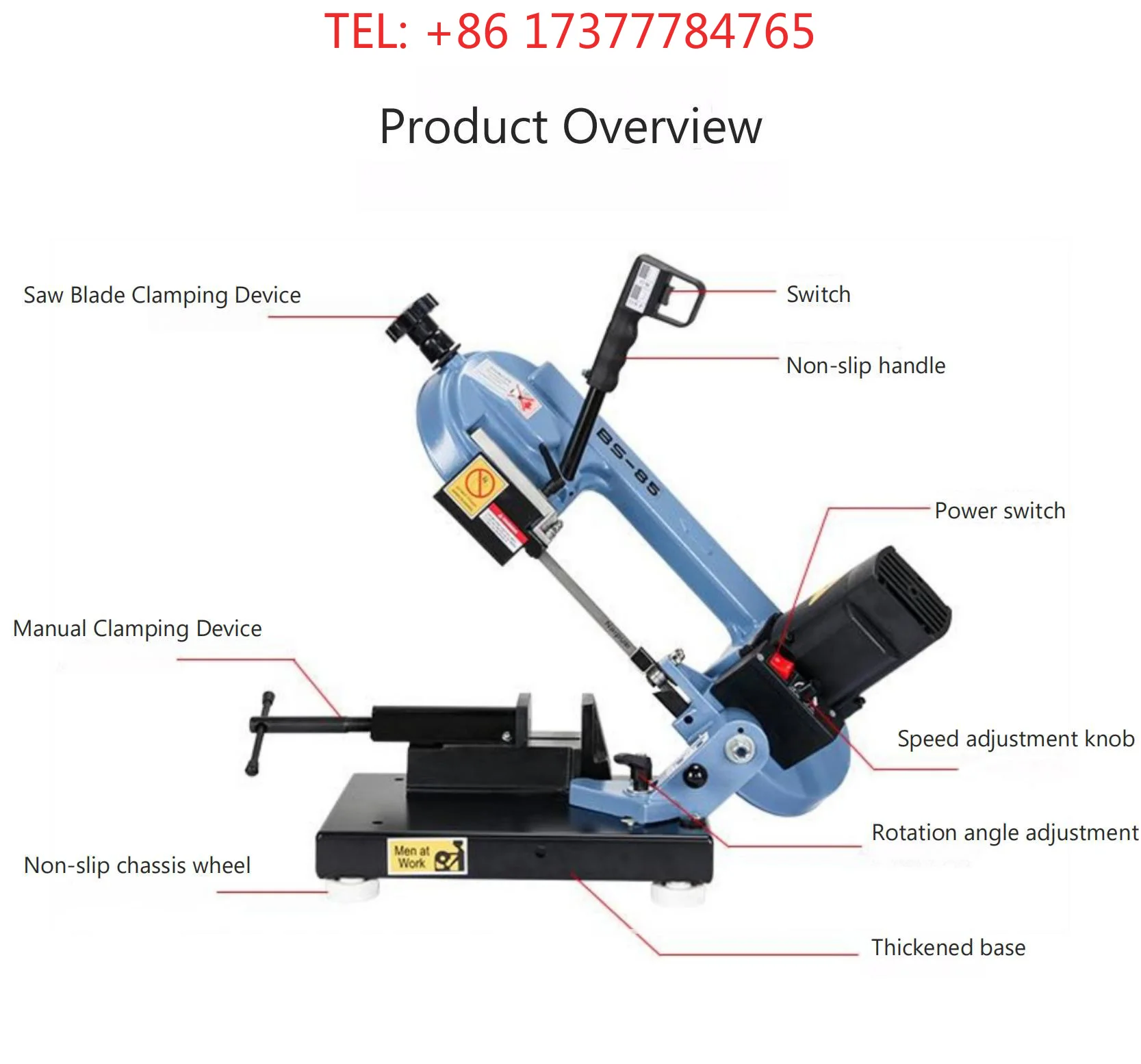 BS-85 Portable Mini Manual Band Saw Machine with 1KW Motor Engine & Gear High Speed Easy Operate for Cutting Various Materials