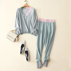 aliaga new 100% cashmere tracksuit women's fashion v neck pullovers cozy pants 2 piece sets