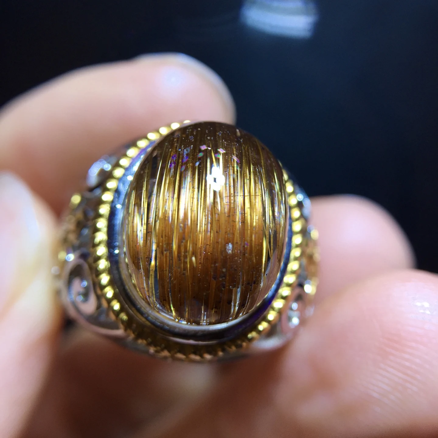 Natural Copper Rutilated Quartz Adjustable Ring 13.8/11mm Cat Eye Oval Women 925 Silver Yellow Rutilated Beads AAAAAA
