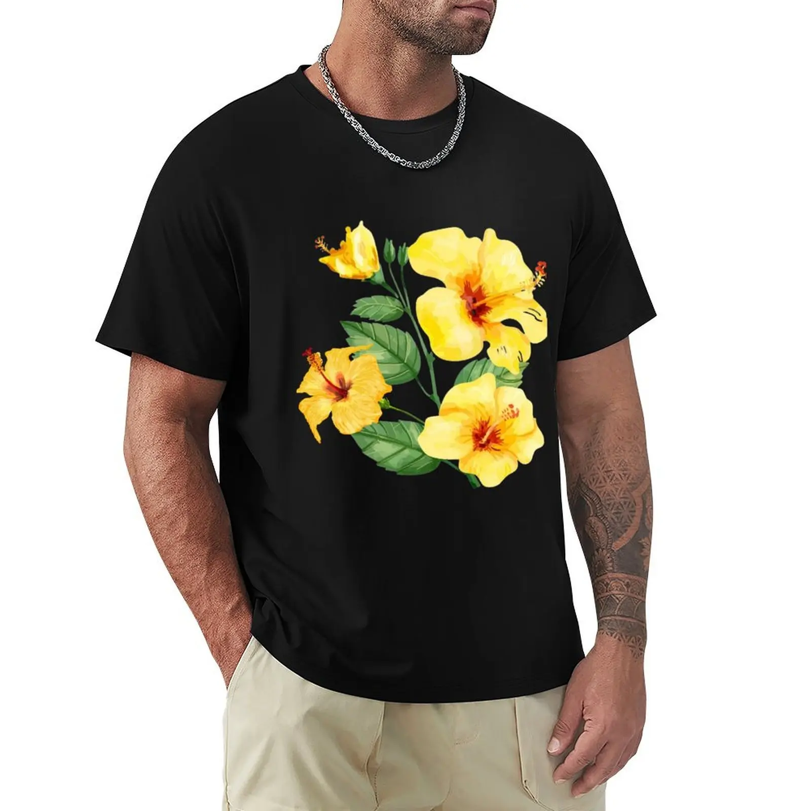 

Hand drawn yellow hibiscus flowers T-Shirt Sport Basic Moisture Wicking Tee