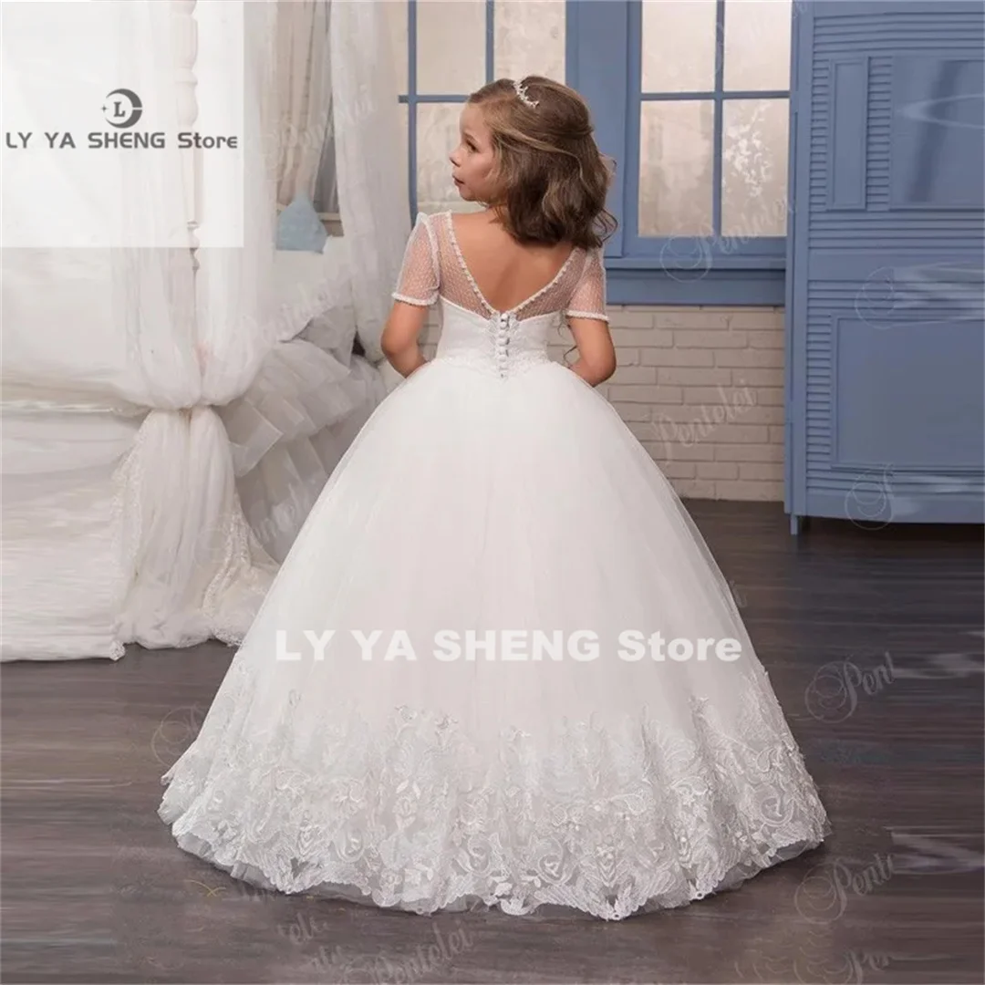 Flower Girls Dresses for Wedding Lace Appliques Beading Short Sleeve Ball Gowns Custom Holy First Communion Gowns for Girls