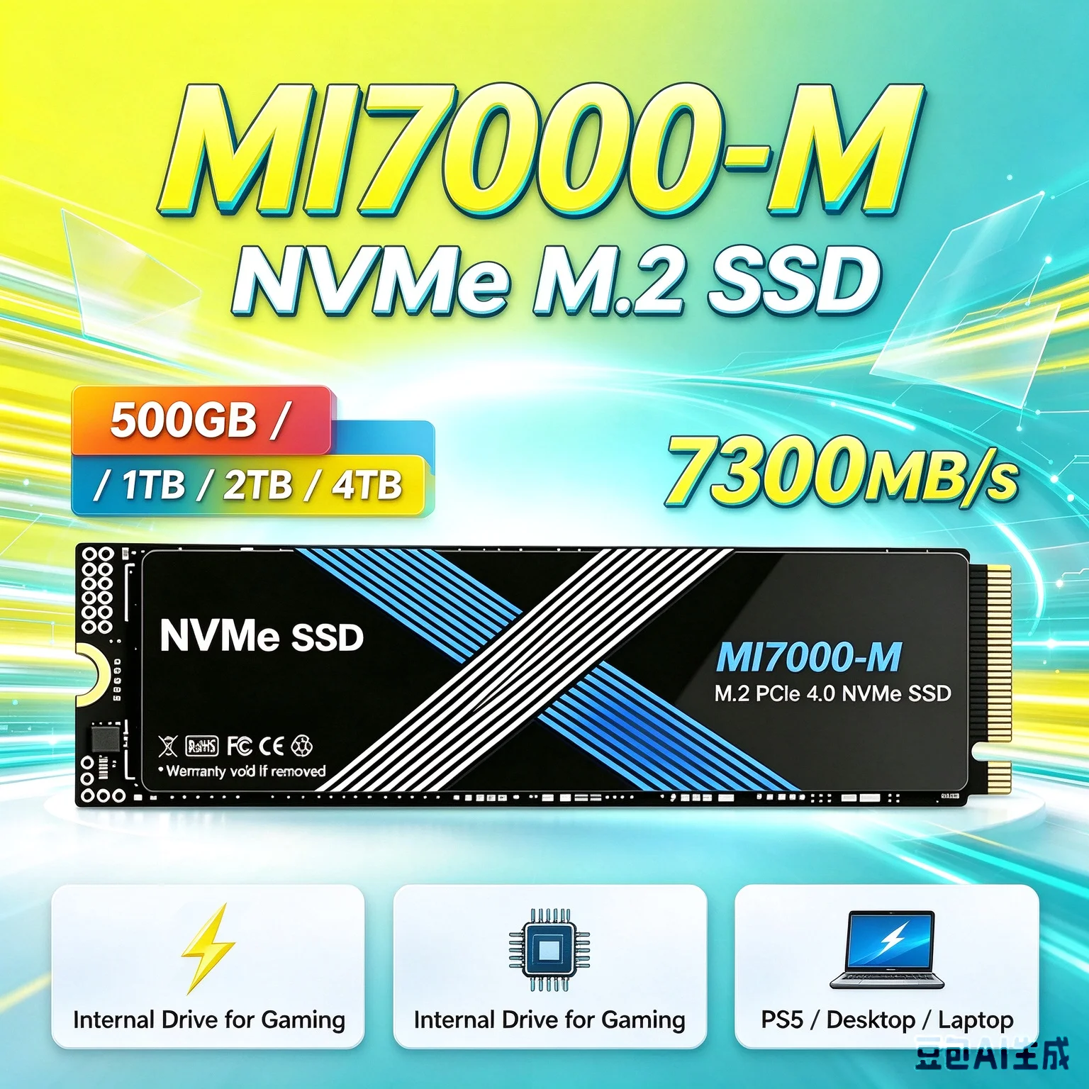 2TB 4TB MI7000-M NVMe M.2 SSD 7300MB/s PCIe 4.0 Total System Boost Internal Drive for Desktop Laptop Desktop Upgrade Ready