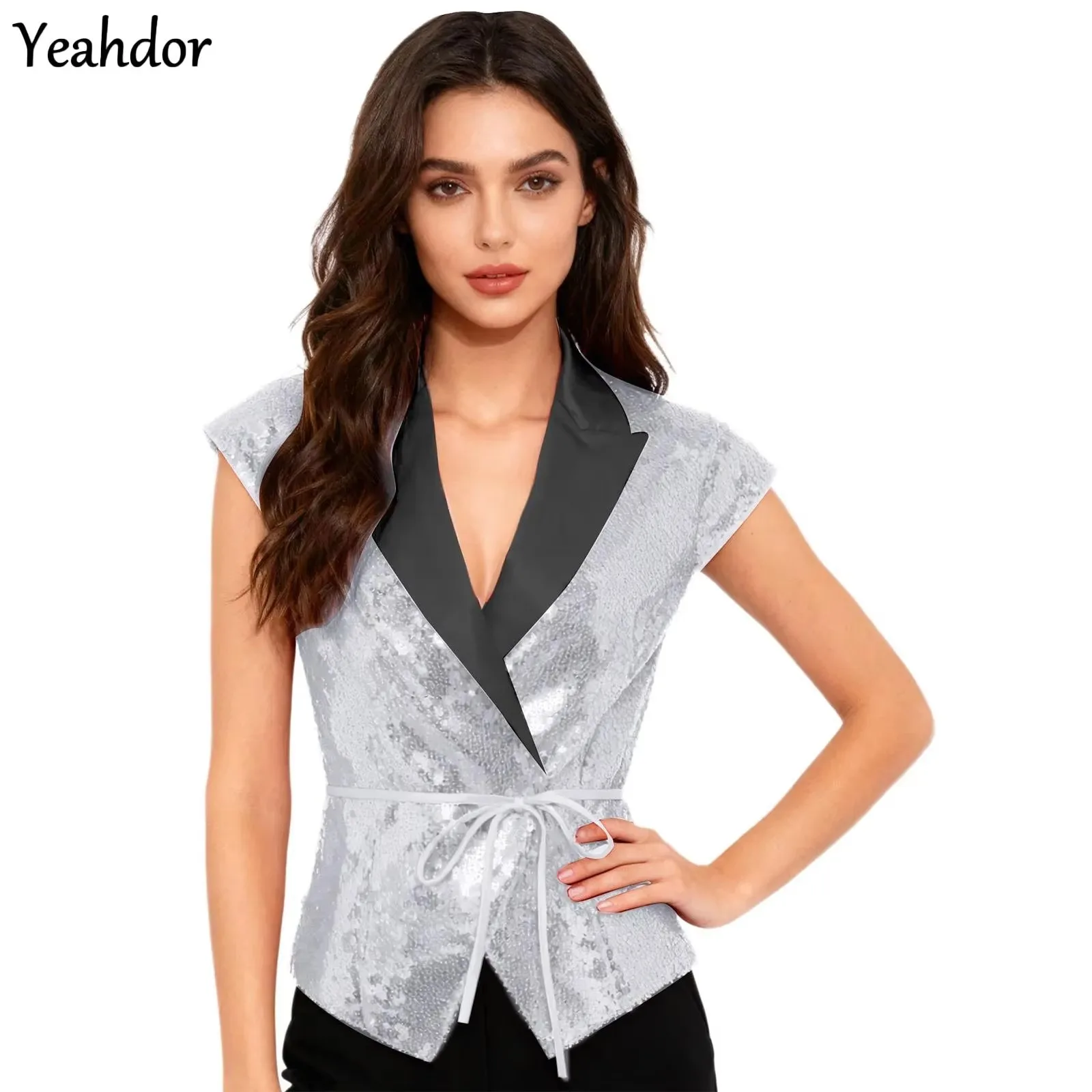 Women Glitter Sequins Vest Formal Suit V-neck Label Cap Sleeves Jazz Dance Waistcoat And Belt Cocktail Wedding Party Dressy Vest