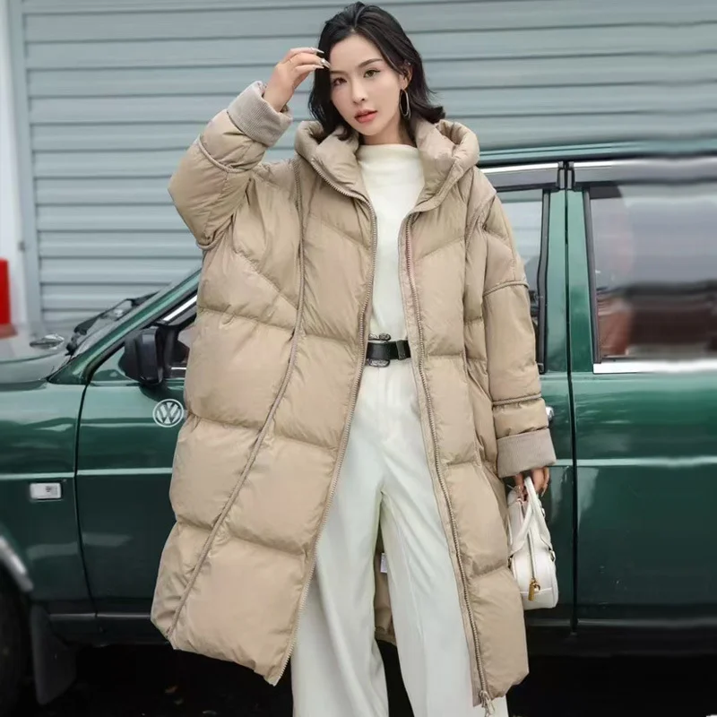 Halflange donsjas voor dames 2025, nieuwe winter, oversized, verdikte knielange capuchon, retro commuter-casual jas, trendy