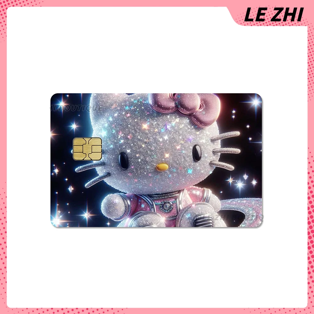 Hello Kitty Cartoon Glitter Credit Card Skin Stickers Lovely Flower Strawberry Heart Small Chip Skin Cover Sticker Decoration