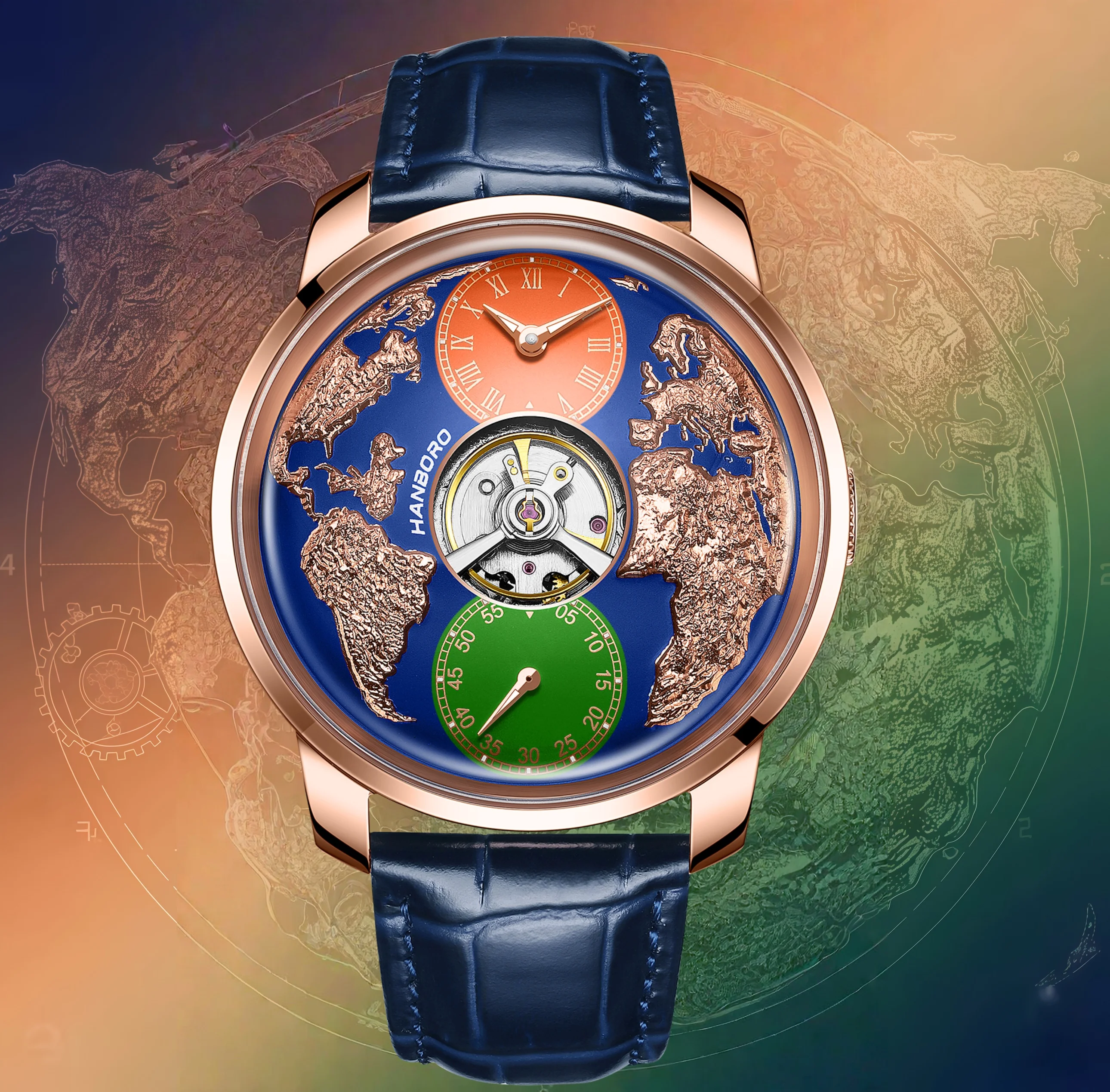 Reloj Mecánico Automático HANBORO Serie World Time para Hombre con Volante Hueco y Diseño Personalizado de la Tierra 1026