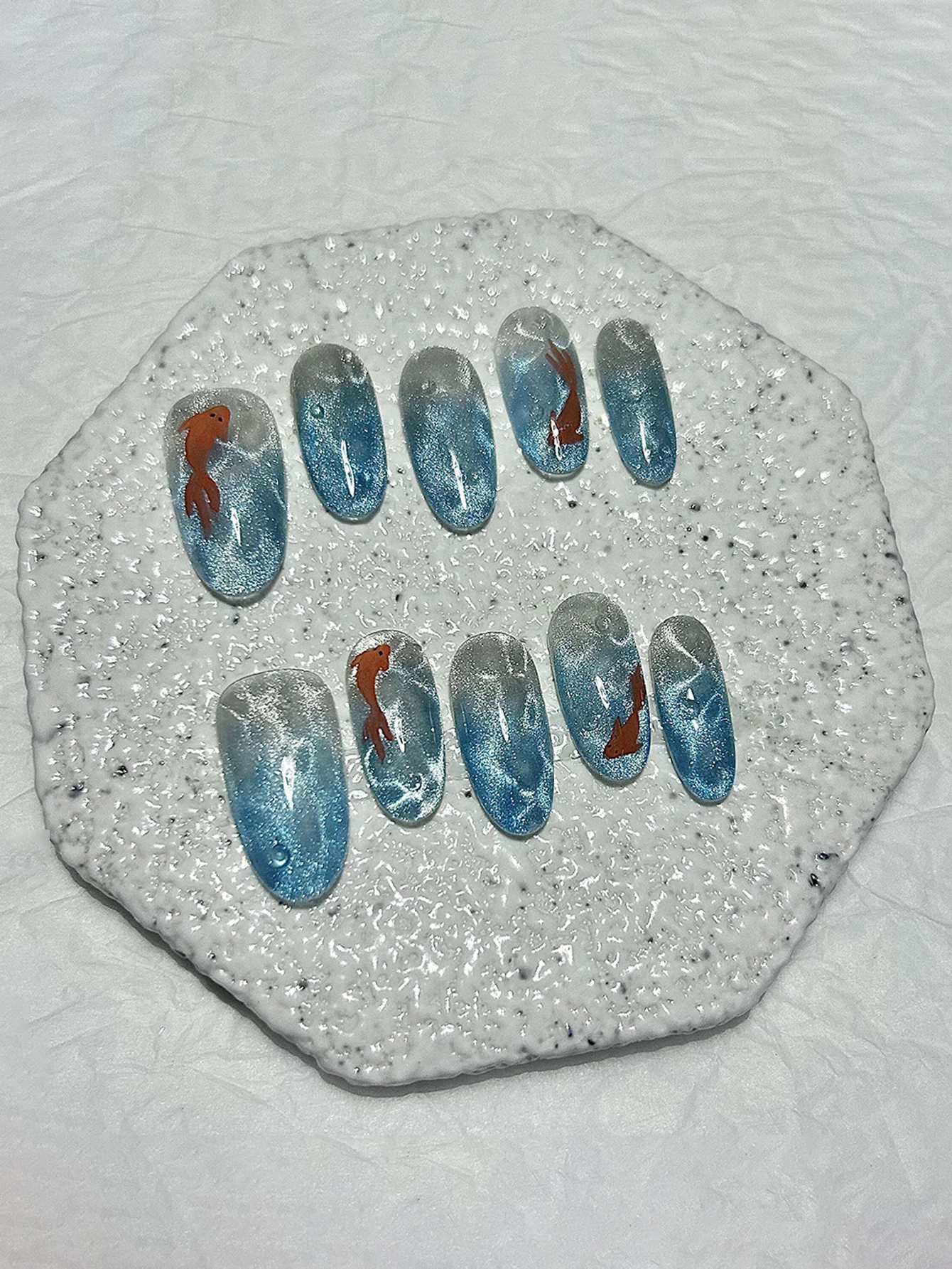 10 pezzi fata glitter occhio di gatto pressa fatta a mano sulle unghie ghiacciaio blu sottomarino koi acqua ondulazione unghie finte rimovibili riutilizzabili