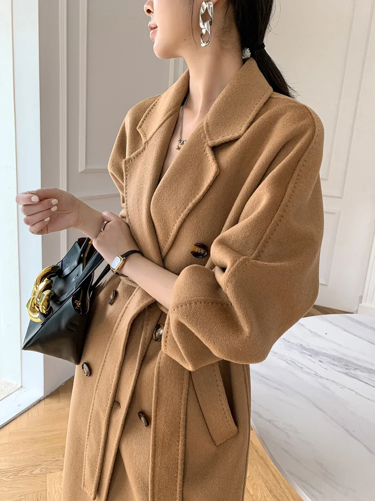 

2023 new double-sided cashmere coat Women's medium and long cocoon type thin double-breasted wool coat