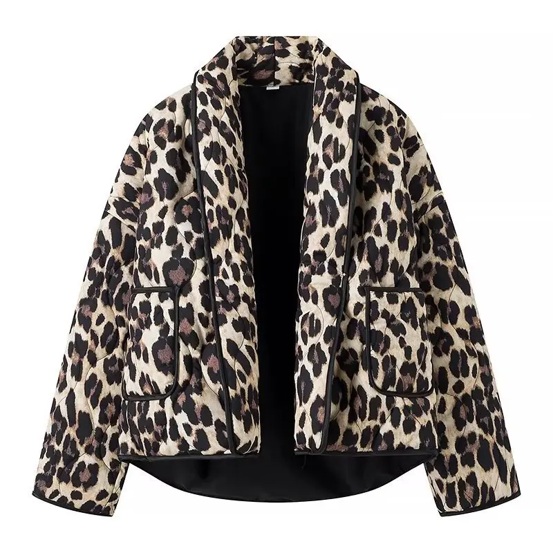 New Arrival 2025 Vintage Leopard Print Cotton Jacket for Women Soft and Warm Loose Without Front Placket