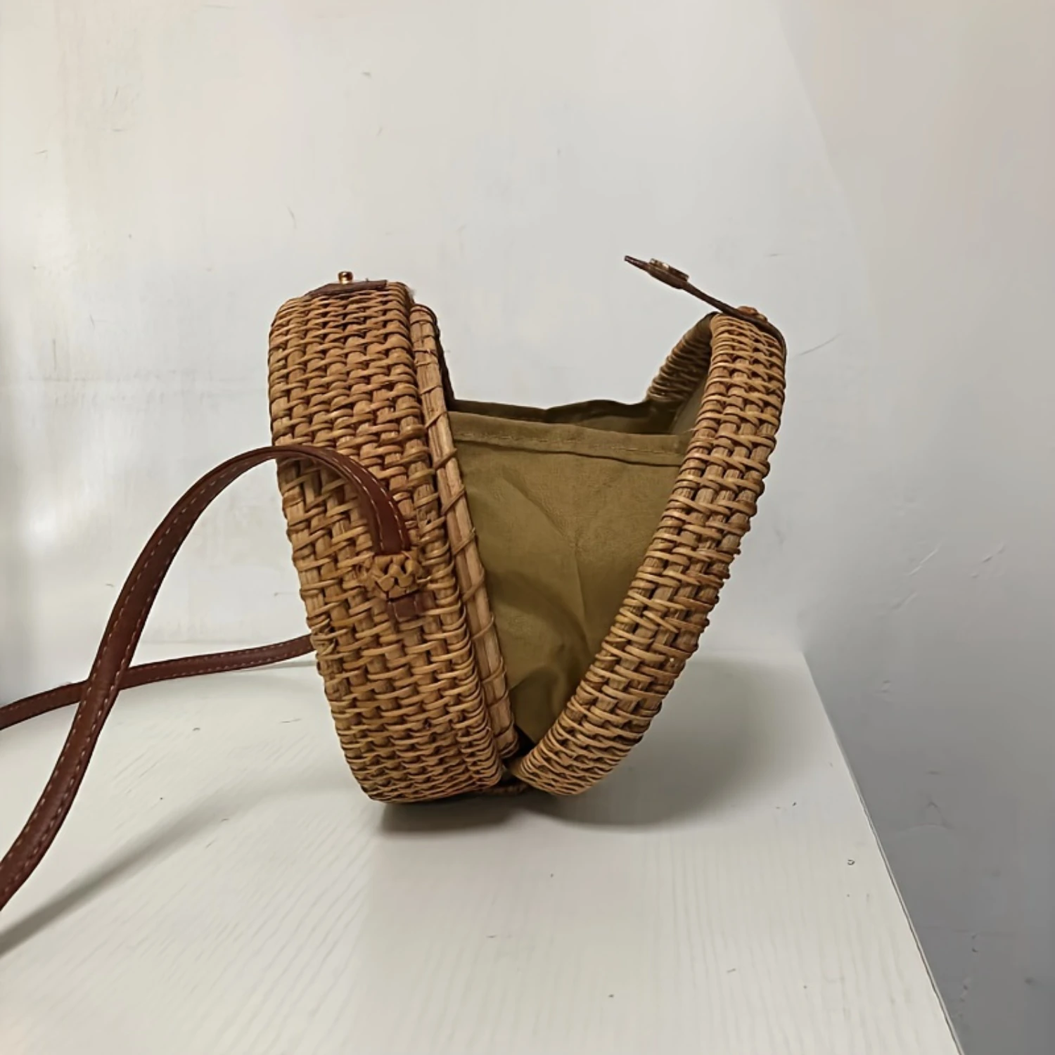 

Round Rattan Woven Bag, Vintage Braided Detail Crossbody Bag, Buckle Decor Circle Bag For Women
