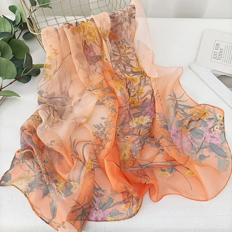 Women Elegant fashions Chiffon Georgette Bandana Scarf Flower Plants Prints Summer Beach Sunscreen Breathable Hijab Silk Scarves