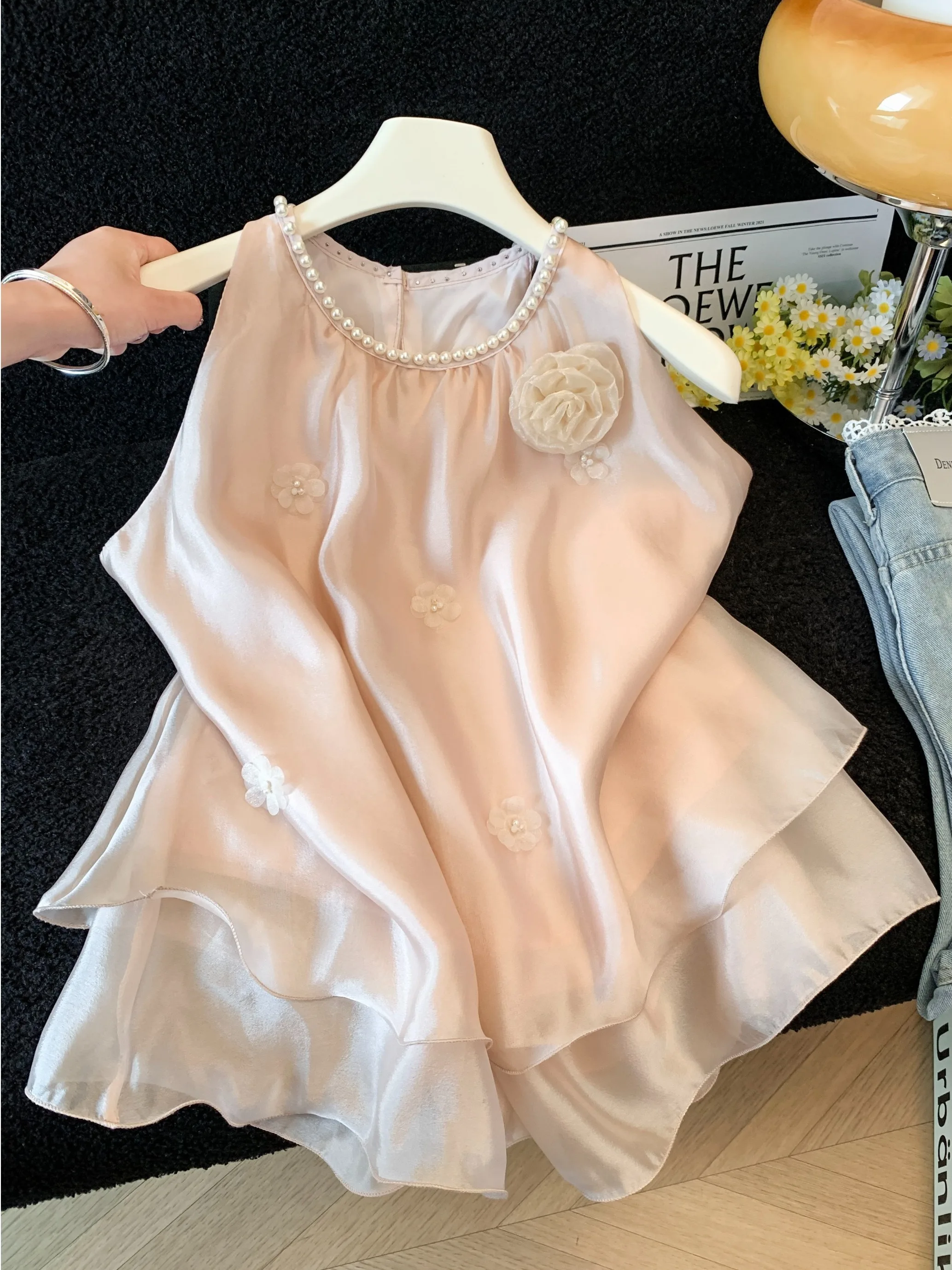 

Sexy Style Off-Shoulder Chiffon Shirt Women's Summer Sleeveless Neck Hanging Design Breathable Skin-Friendly Polyester Fiber