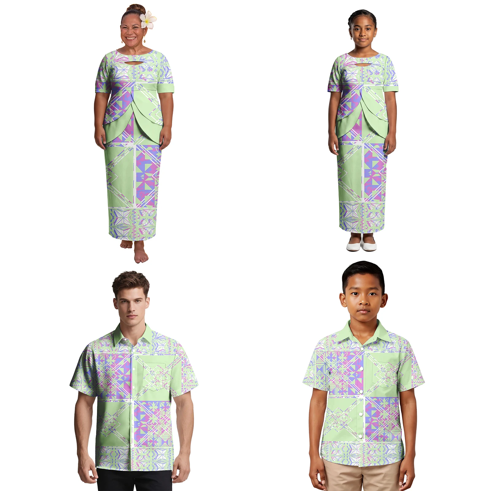 Abiti Puletasi Polinesiani per le Feste, Camicie Aloha Taglie Forti, Set per Coppie, Abbigliamento per Bambini, Completi Personalizzati per Famiglie Samoane