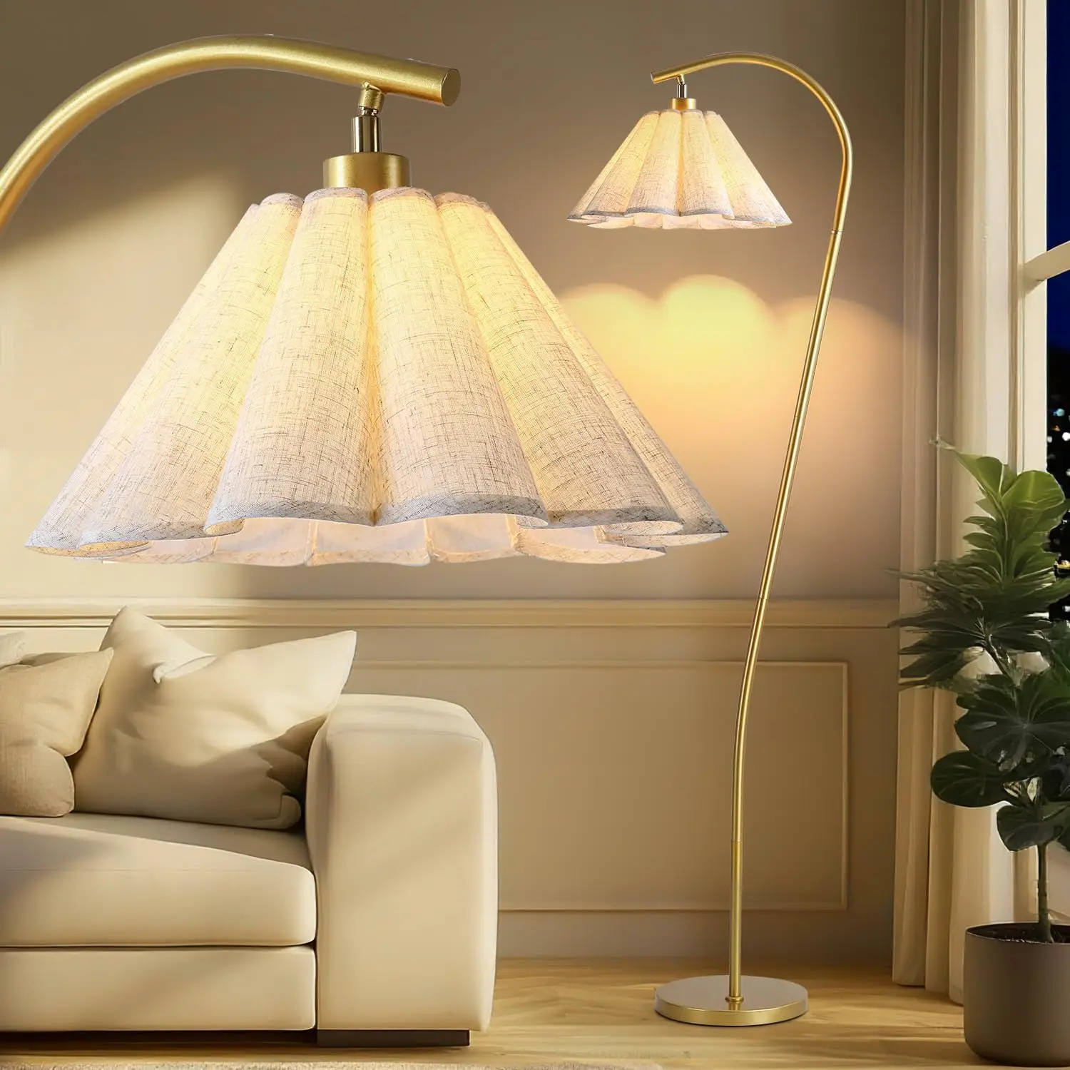 66.1Inch GoldFlaxTone Modern FlowerShaped Arc Tall Standing Floor Lamp, PleatedLinen Lampshade, Bulb Included, For LivingRoom, Bedroom, Office & DiningRoom