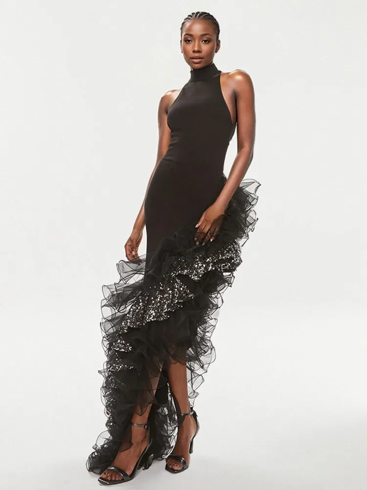 

2025 New Women Celebrity Sexy Tank Ruffles Sequins Black Maxi Long Summer Bodycon Bandage Dress Elegant Evening Club Party Dress