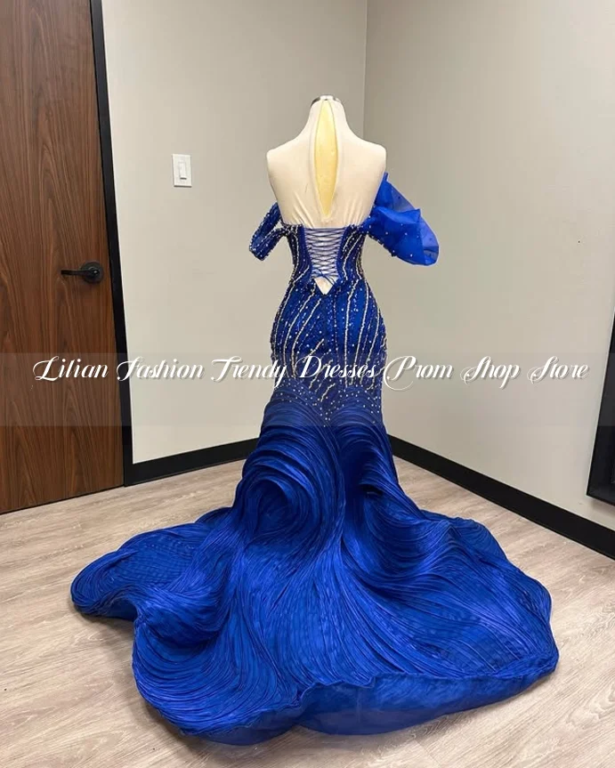 화려한 로얄 블루 인어 저녁 맞춤형 Strapless 상감 페르시 아프리카 여성 생일 파티 vestidos fiesta de lujo