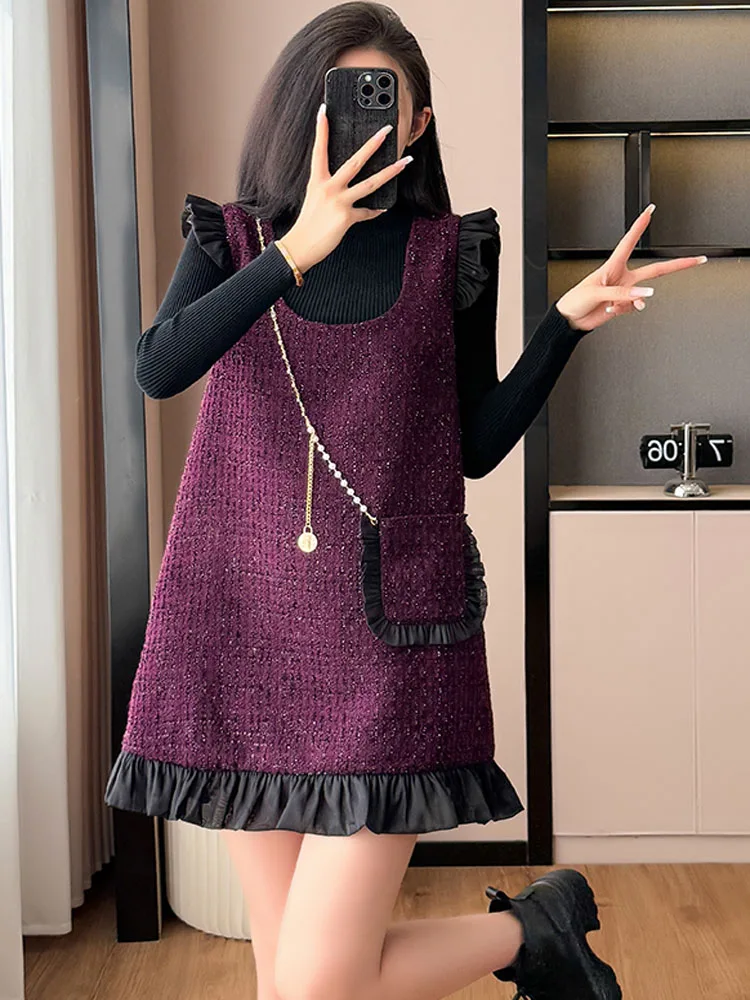 

Модный комплект из двух предметов с небольшим ароматом, женское винтажное твидовое платье-жилет с оборками + вязаные тонкие топы с длинными рукавами, элегантный костюм