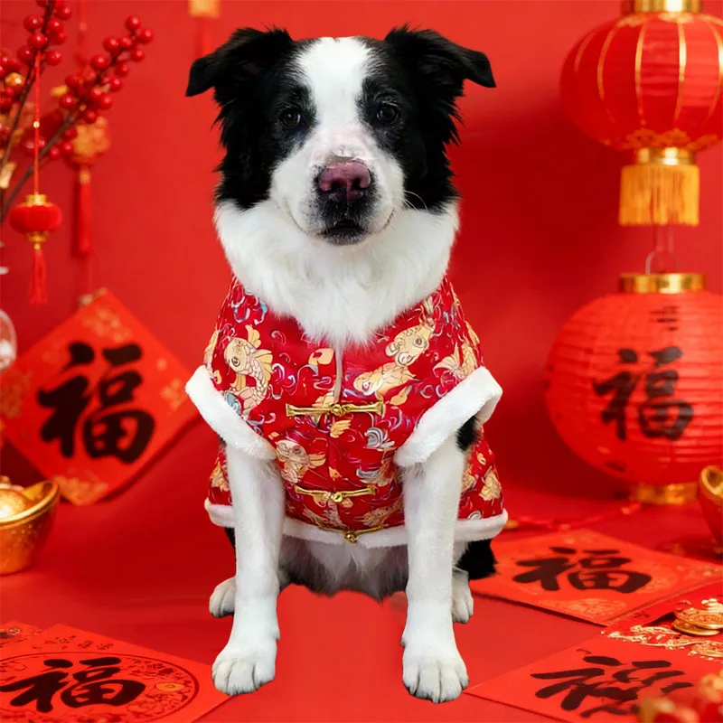 

Одежда для больших собак с традиционным китайским новогодним узором, праздничный красный дизайн из парчи, теплая и удобная одежда для собак, для лабрадоров