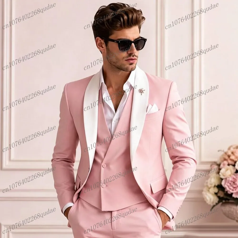 Costume de cérémonie rose pour homme, idéal pour mariage, fête, marié ou témoin, ensemble 3 pièces : veste, gilet et pantalon B2