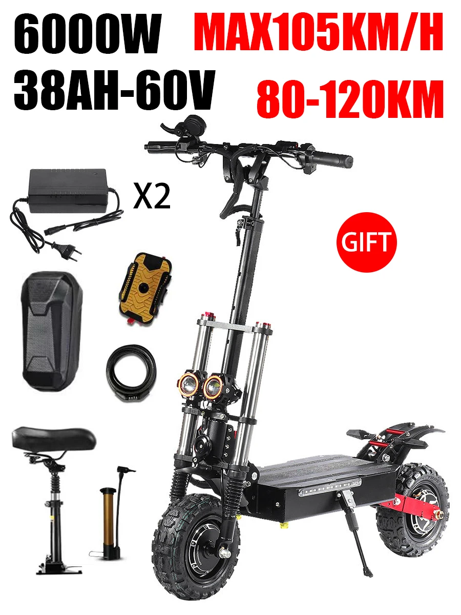 6000W Dual Motor Adult Off-Road S3Electric Scooter 60V-21700 Battery 140KM Range 400kg Max Load Hydraulic Brake 3-5 Day Delivery