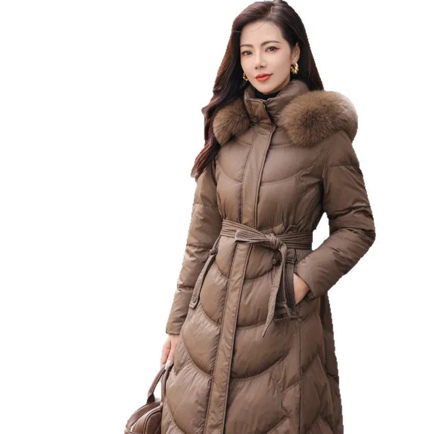 여성용 롱 다운 코트 폭스 퍼 칼라 패션 슬림 따뜻한 화이트 덕 페더 재킷