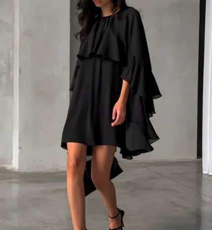 Women's Dress 2026 Spring Summer New Solid Color Round Neck Ruffles Design Loose Fit Casual Daily Mini Dress
