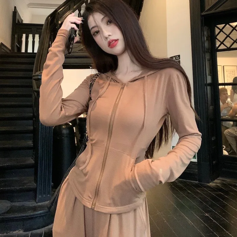 Spring Autumn Slimming Net Red Hooded Cardigan Top Coat Wide-leg Pants Fashion Two Sets Women  Solid Color Loungewear