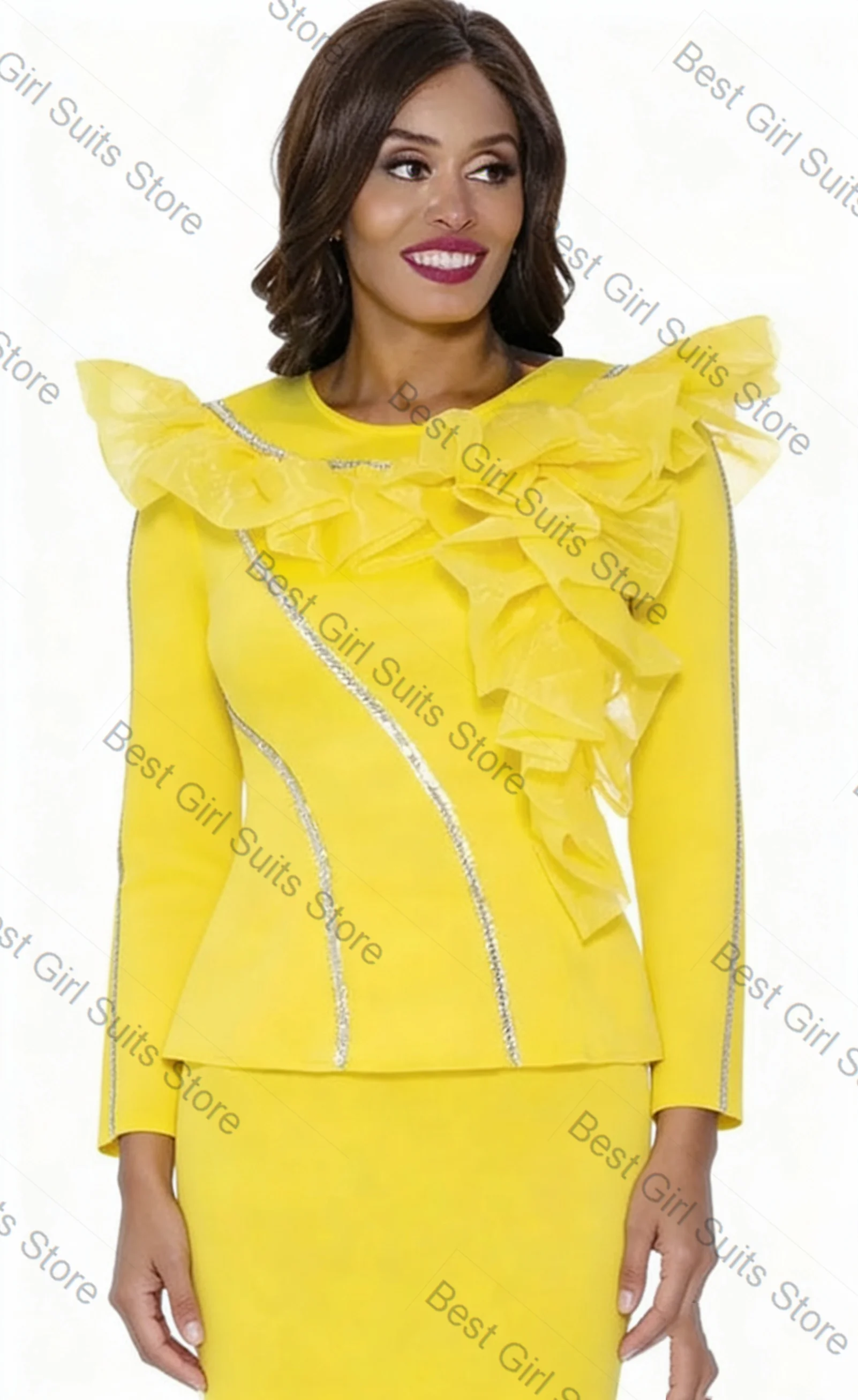 

Yellow Crystals Women Suit Set 2 Pcs Blazer+Prom Dress Spring Cotton Formal Office Lady Jacket Customized Wedding Coat