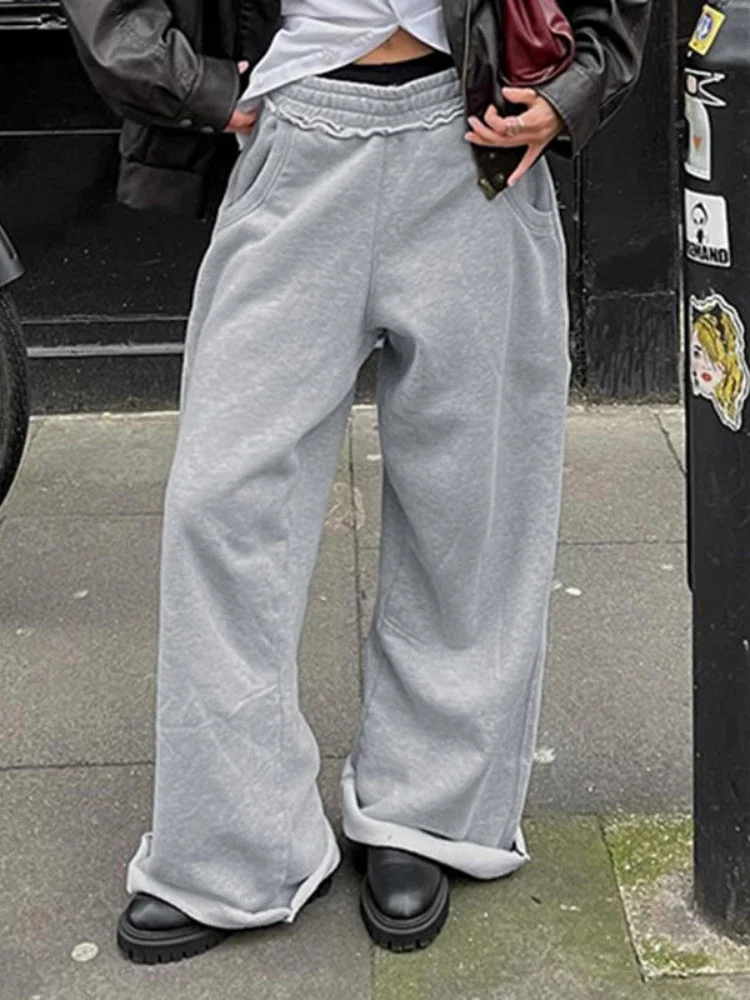 هوتشو عادية فضفاض رمادي Sweatpants النساء خمر Harajuku الهيب هوب السراويل الرياضية الشارع الشهير مستقيم الكورية موضة السراويل الصلبة